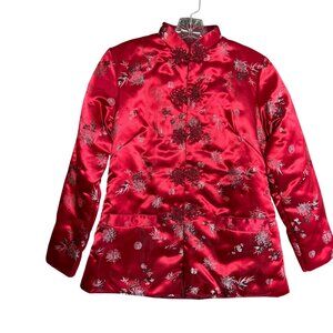 VTG Moon Rabbit Padded Cheongsam Quilted Jacquard Jacket 4 Red Floral Print